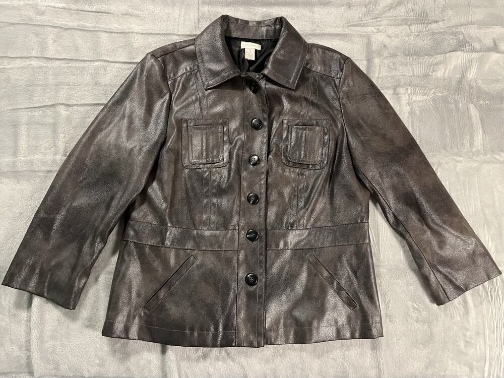 Chicos Size 1 Medium Faux Leather Jacket Brown Foil Hipster Edgy Tailored Urban